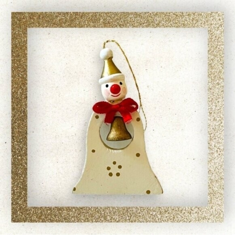 Vintage Wooden Christmas Bell Ornament Snowman 3" Multicolor Collectible Rare VG - Picture 3 of 5
